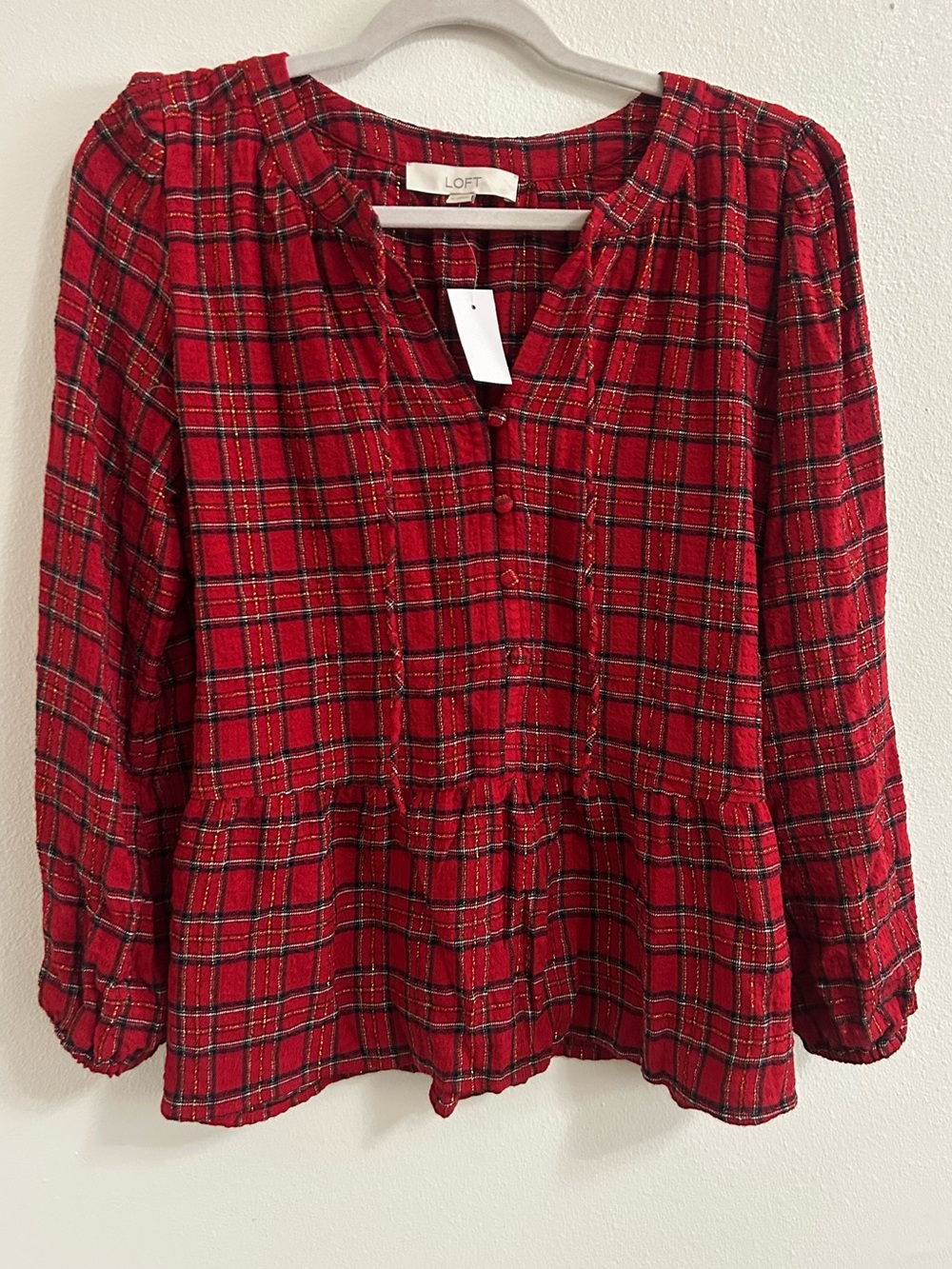 NWT Loft red plaid gold detailing top